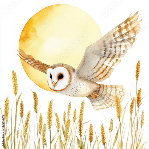 Watercolor Barn Owl Soaring Past Golden Sun and Wheat
