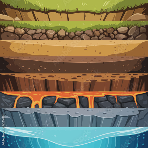 Cross section of earth layers showing grass rocks soil lava and water