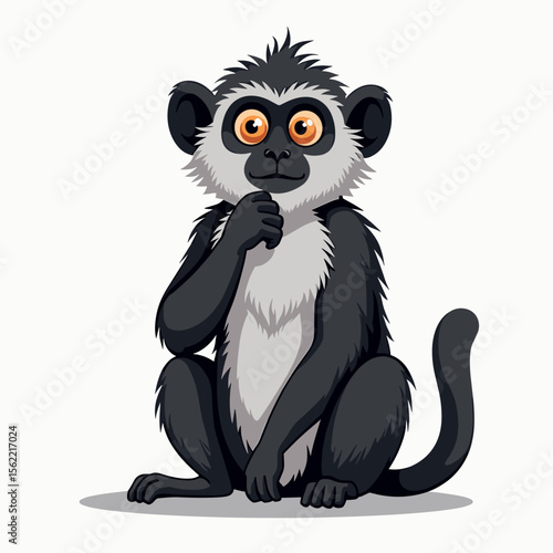 Cartoon Illustration of a Pensive Cercopithecus Monkey Sitting and Thinking with Hand on Chin