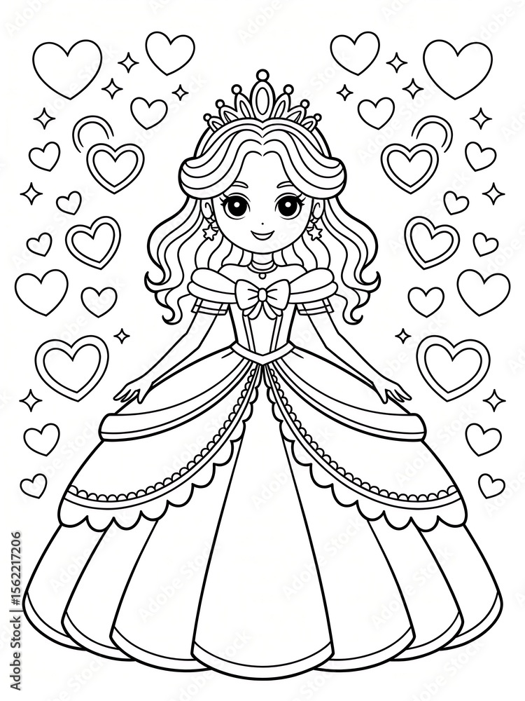 Fototapeta premium Princess in a beautiful dress with crown, hearts and a fairytale feeling. Coloring page