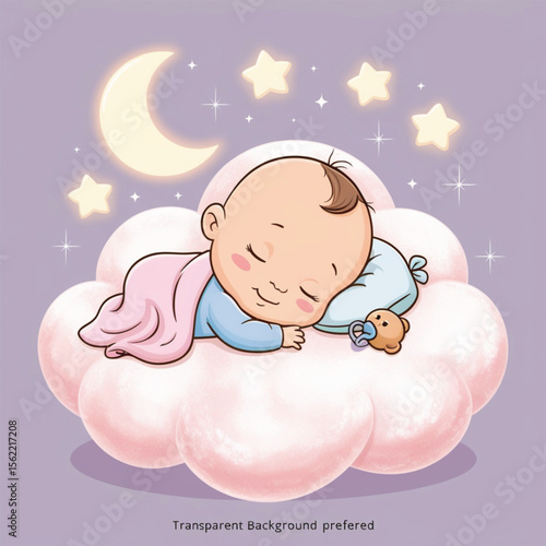 Adorable Sleeping Baby on Cloud with Stars and Moon Free PNG Clipart