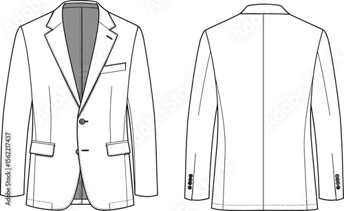 Men’s blazer technical flat sketch, formal suit jacket design, vector fashion template, classic tailored coat illustration for clothing design