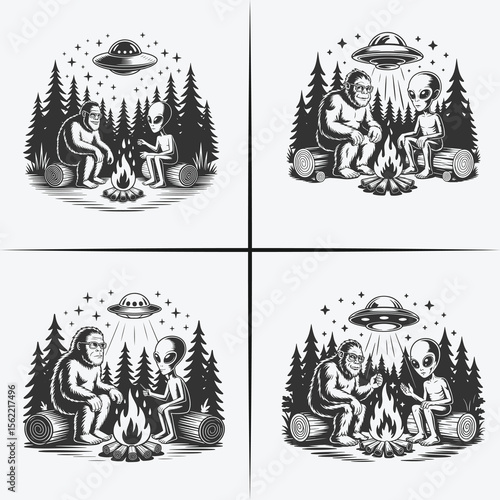 Bigfoot and Aliens Campfire Scene with UFOs in the Forest – Mystical Encounter Illustration