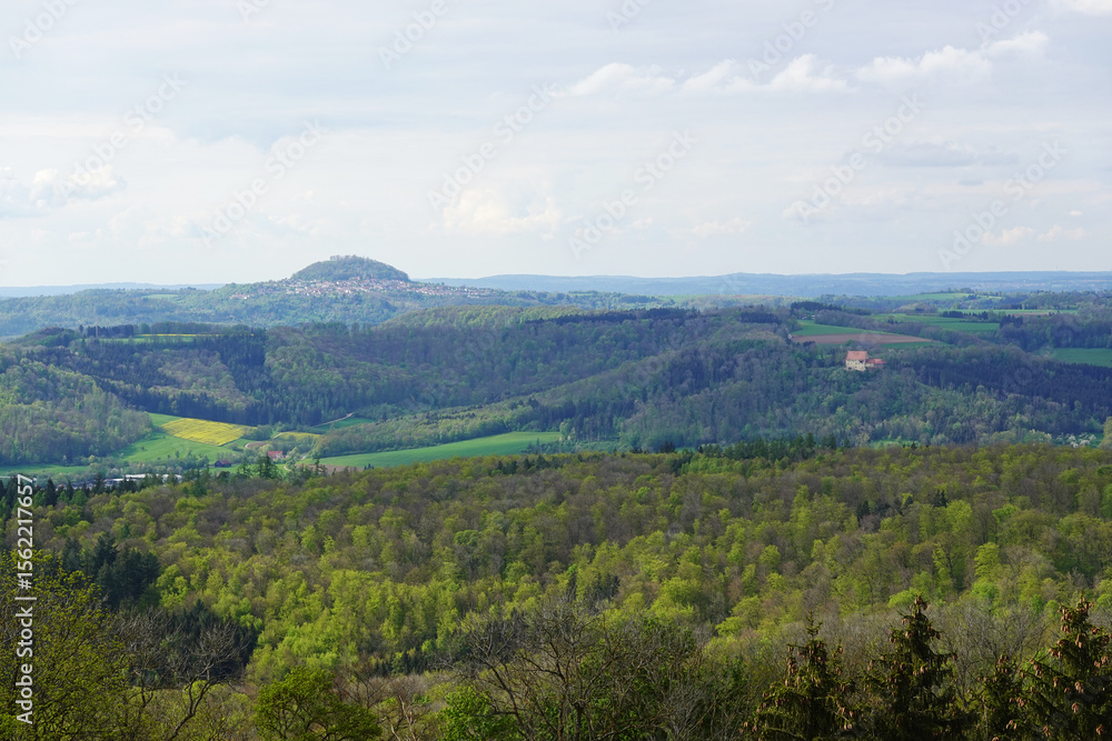 Fototapeta premium Panorama opening from Kuhalb mountain, Donzdorf village, Baden Wuerttemberg, Germany