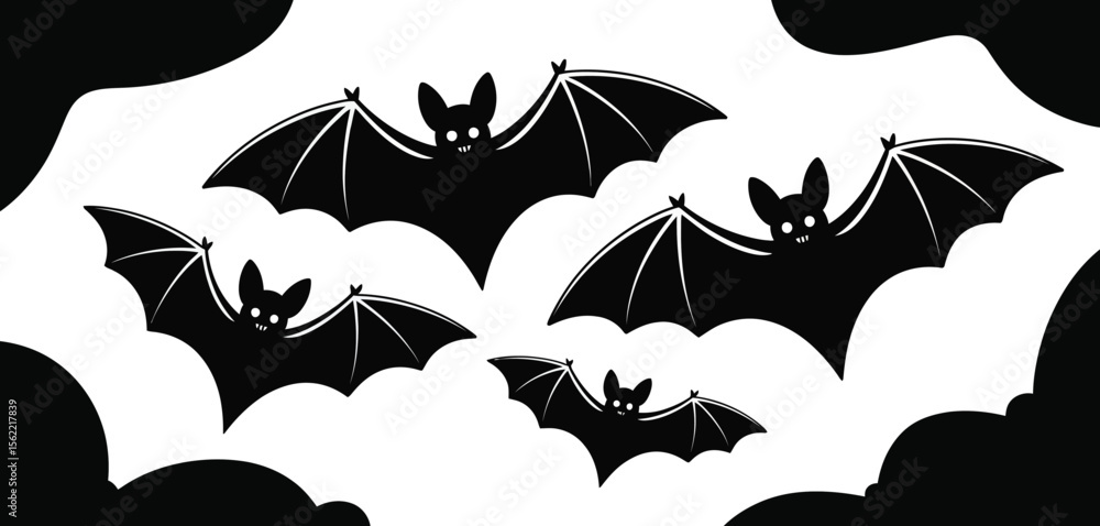 Naklejka premium Four black silhouette bats flying against a white background with dark clouds