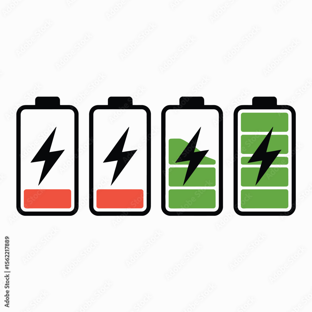 Four battery icons showing different levels of charge from low to full Four battery icons showing different levels of charge from low to full