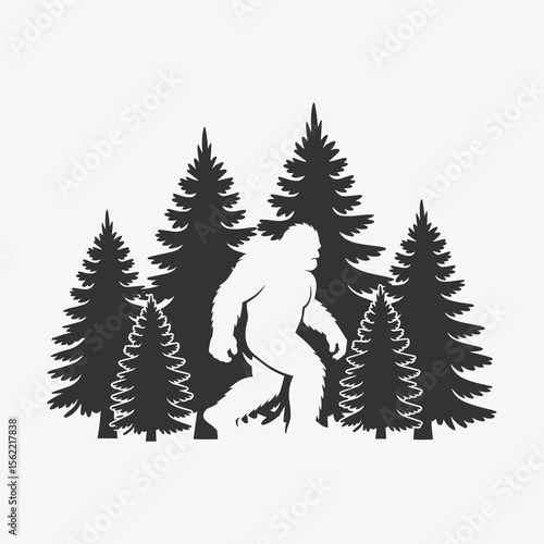 Bigfoot Silhouette Walking Among Pine Trees – Mysterious Sasquatch in a Forest Landscape Design