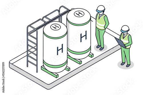 Engineers and investors analyzing hydrogen storage tank technology as a clean energy investment in sustainable and innovative energy solutions.