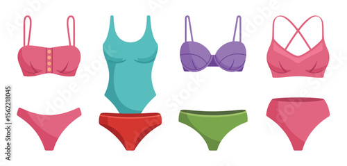 Collection of colorful flat design swimwear and lingerie pieces for women