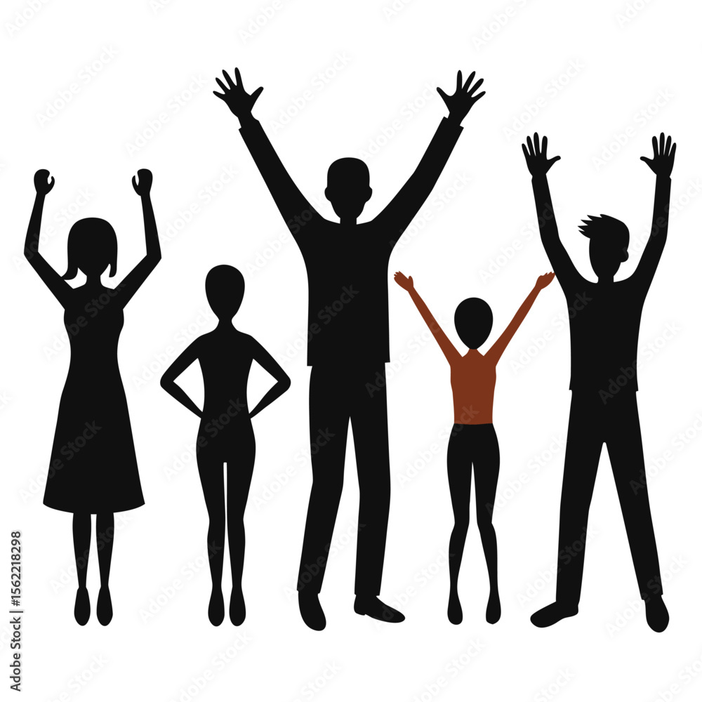 Fototapeta premium A vector silhouette bundle featuring 6 different figures of hopeful people raising their hands in various expressive poses