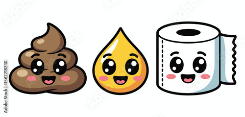 Cute cartoon poop pee drop and toilet paper characters with happy faces