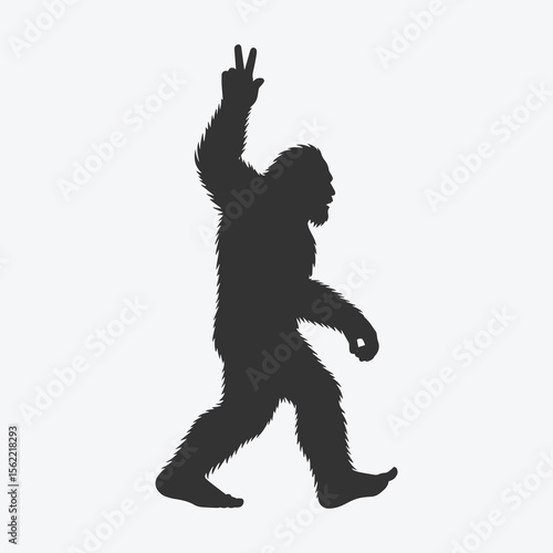 Bigfoot Silhouette with Peace Sign – Mythical Sasquatch Walking with a Positive Gesture for Fun and Unique Designs