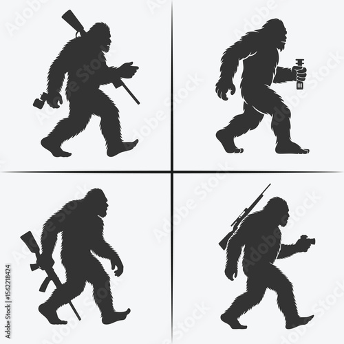 Silhouette of Bigfoot Walking with Various Objects – Four Unique Poses Featuring Rifles, Cameras, and More for Creative and Fun Designs