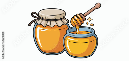 Cute cartoon illustration of two jars of honey with a wooden dipper dripping sweet nectar