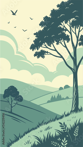 Scenic landscape with trees mountains and clear sky
