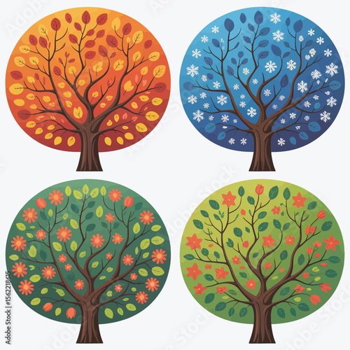 Four seasons trees abstract circular design representing spring summer autumn winter