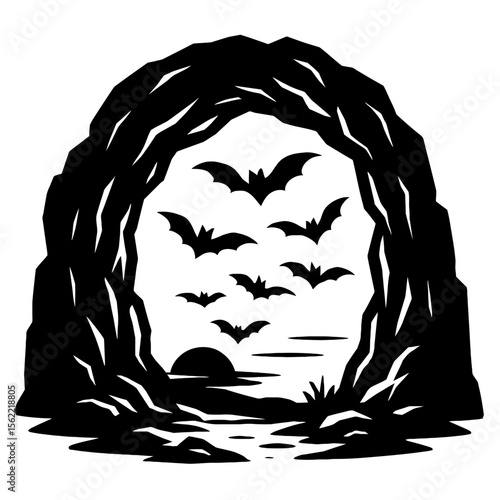 Spooky Black Silhouette of Bats Flying from a Cave at Sunset - Halloween Vector