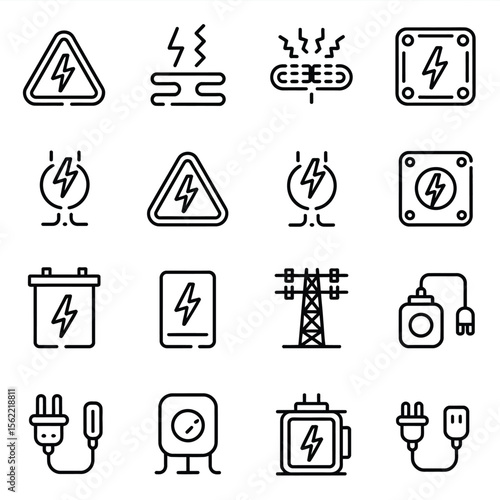 Collection of electrical power and energy icons in a clean line art style