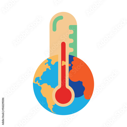 Conceptual illustration of a thermometer with planet earth melting into a body of water symbolizing climate change