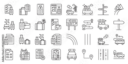 Road Trip Packing Essentials set of web icons in line style. road trip packing, packing essentials, travel checklist and car travel packing list. Vector illustration