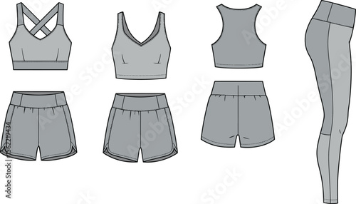 Women’s activewear flat sketch, sports bra, gym shorts, leggings vector template, workout apparel design, fitness clothing illustration for fashion tech