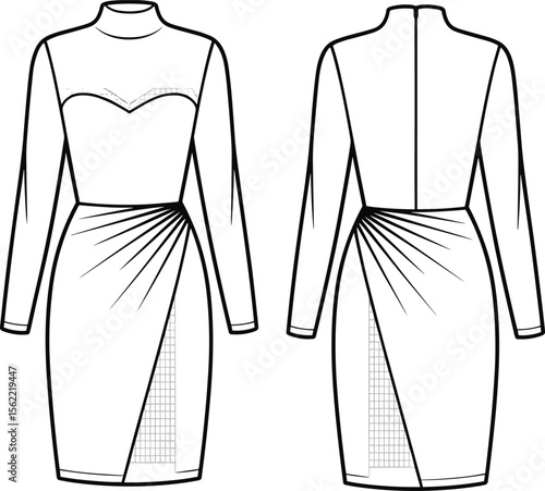  Women's Flat Sketch Template: High Neck Sheer Yoke Mini Dress with Draped Skirt