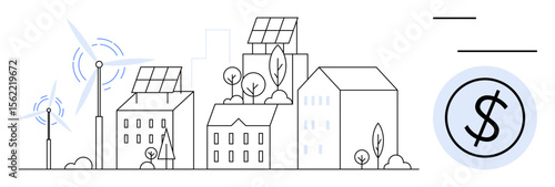 Urban buildings with solar panels, trees, wind turbines, and monetary sign emphasize eco-energy. Ideal for sustainability, renewable energy, green technology, urban planning, eco-economy clean