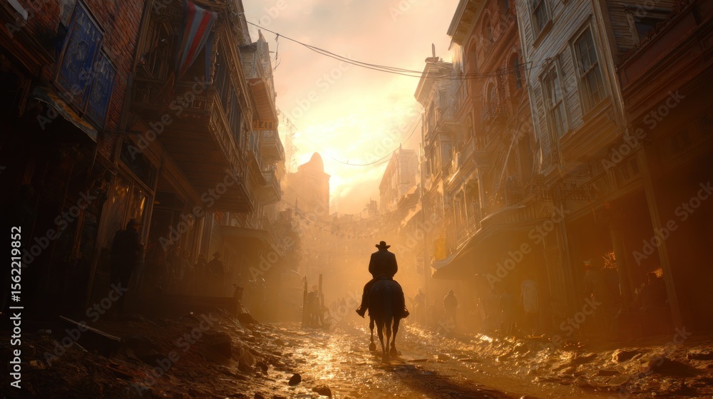 Fototapeta premium Cowboy rides through sunlit, dusty town street