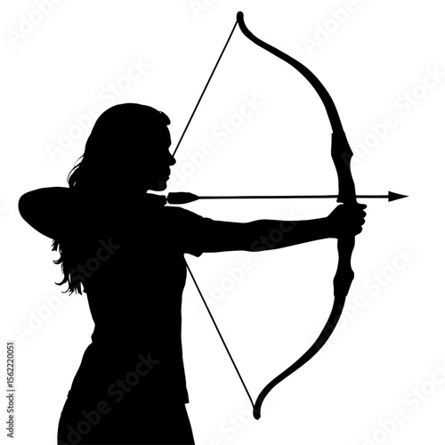 Female Archer Aiming Bow Silhouette - Woman Practicing Archery for Sport or Hobby