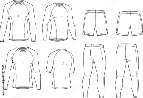 Men’s athletic wear technical flat sketch, gym clothing vector template, compression shirt, workout shorts, leggings, sportswear design illustration