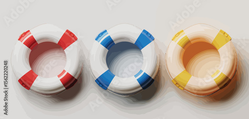 Three colorful life preservers arranged in a row on a light background
