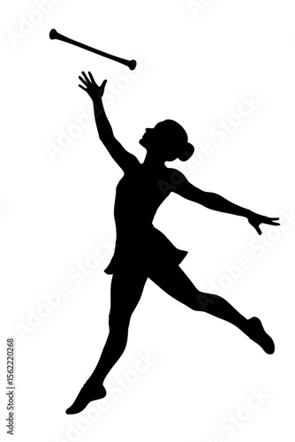 Baton Twirler Tossing Silhouette Vector - Female Performer in Mid-Air Catch