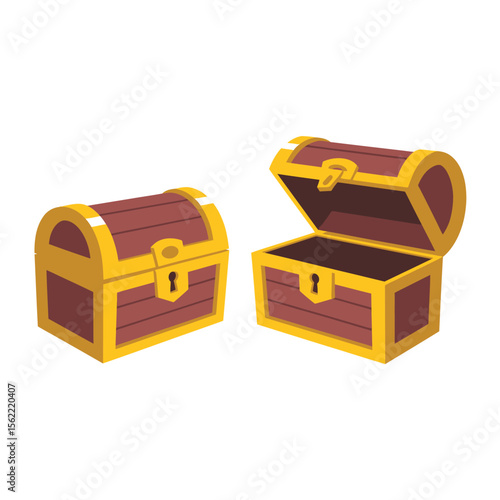 Two wooden treasure chests one open one closed with golden trim