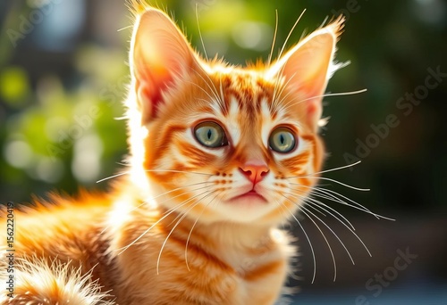 Sunbeam bathes a charming orange tabby with big green eyes, playfully gazing,  fur,  sunny