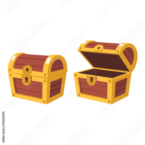 Two cartoon treasure chests one closed and one open with gold trim and brown wood