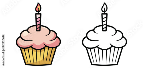 Two cartoon cupcakes with lit birthday candles one colored and one outline