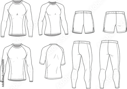Mens sportswear technical flat sketch long sleeve t shirt short sleeve t shirt shorts leggings pants activewear gym fitness apparel design template