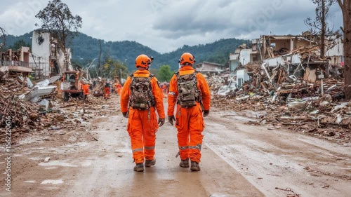 Wallpaper Mural Two rescue workers wearing orange protective gear and helmets are walking through a disaster zone. Assessing the damage after a natural disaster. With debris and destroyed buildings Torontodigital.ca