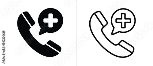 Medical emergency phone call icon with plus symbol in speech bubble