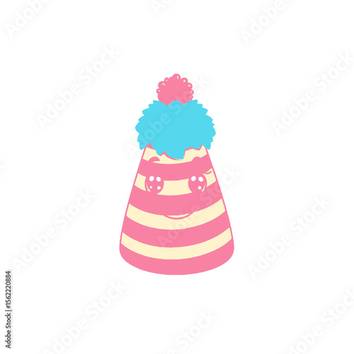 Cute pink striped party hat with blue fluff and happy face isolated on white background