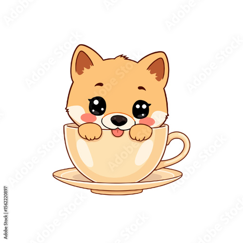 Cute cartoon shiba inu puppy peeking out of a coffee cup isolated on white background