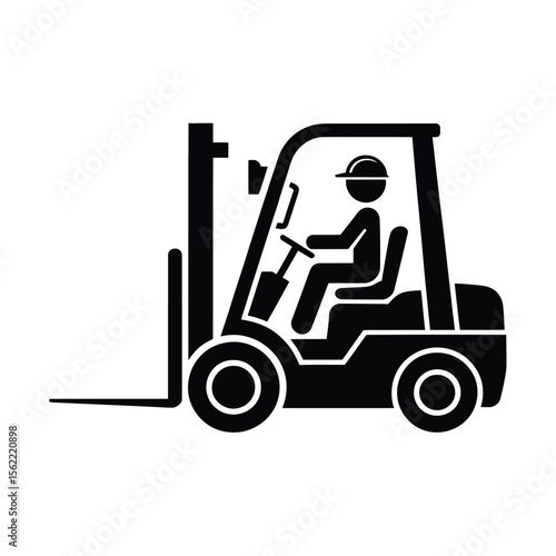 Black and white icon of a person operating a forklift in a warehouse setting