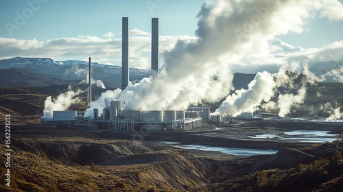 An ultra-realistic geothermal power plant with steam rising from vents, set in rugged terrain, symbolizes clean energy innovation.