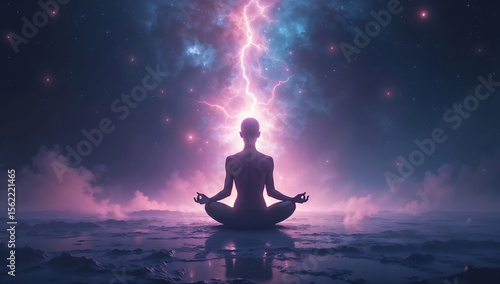 A meditating silhouette channels epic cosmic energy from a powerful celestial storm, a concept of mindfulness and inner strength