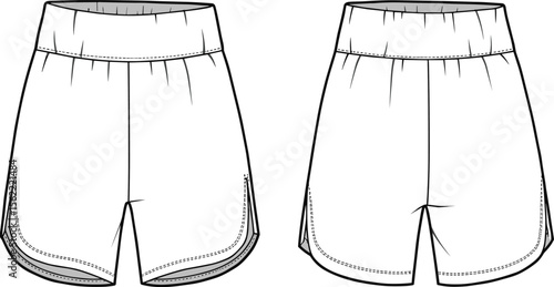 Technical flat fashion sketch of women's athletic shorts with dolphin hem, a vector template showing front and back for apparel design.