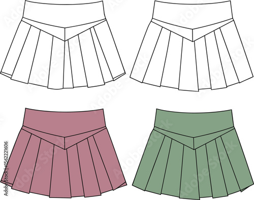 Women's Flat Sketch Template: Pleated Mini Skirt with Front Yoke Detail