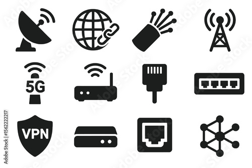 Black set of 12 connectivity icons. Minimal vector for online, telecom, and infrastructure.