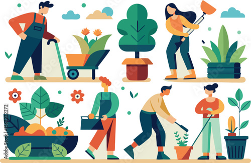 Flat Illustration of People Gardening and Landscaping with Plants and Flowers