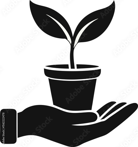Hand holding a plant in a pot symbol of growth and care