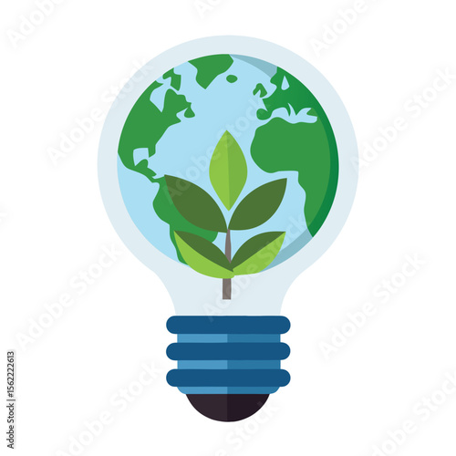 Conceptual illustration of planet earth safely contained within a glowing lightbulb entwined with vibrant green leaves symbolizing environmental care and growth